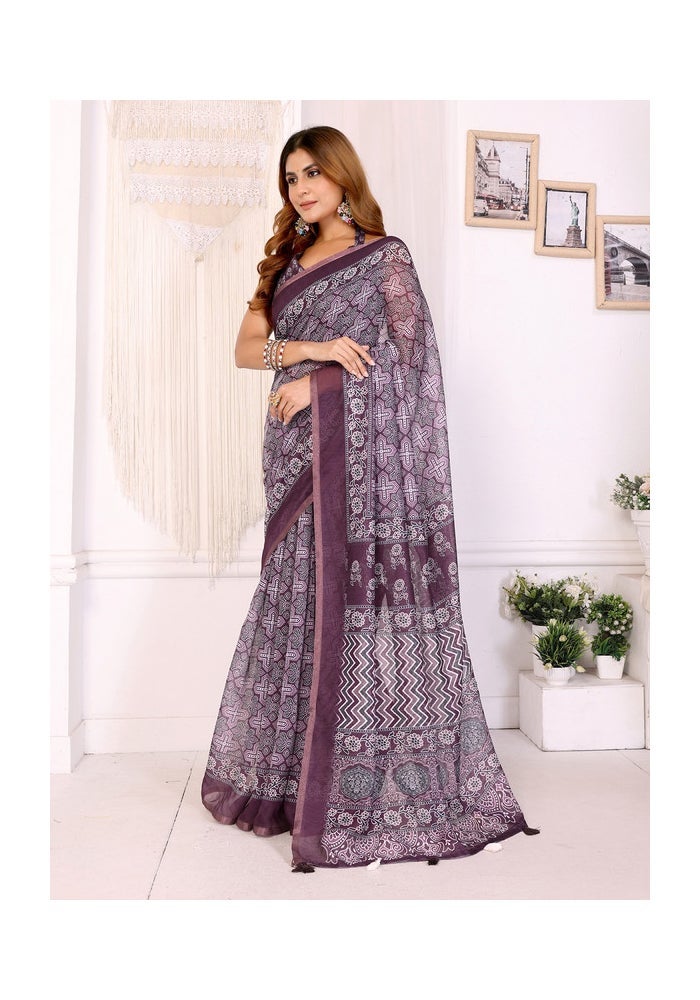 Malishka Export Wine Chanderi Digital Print Saree for Women - Image 4